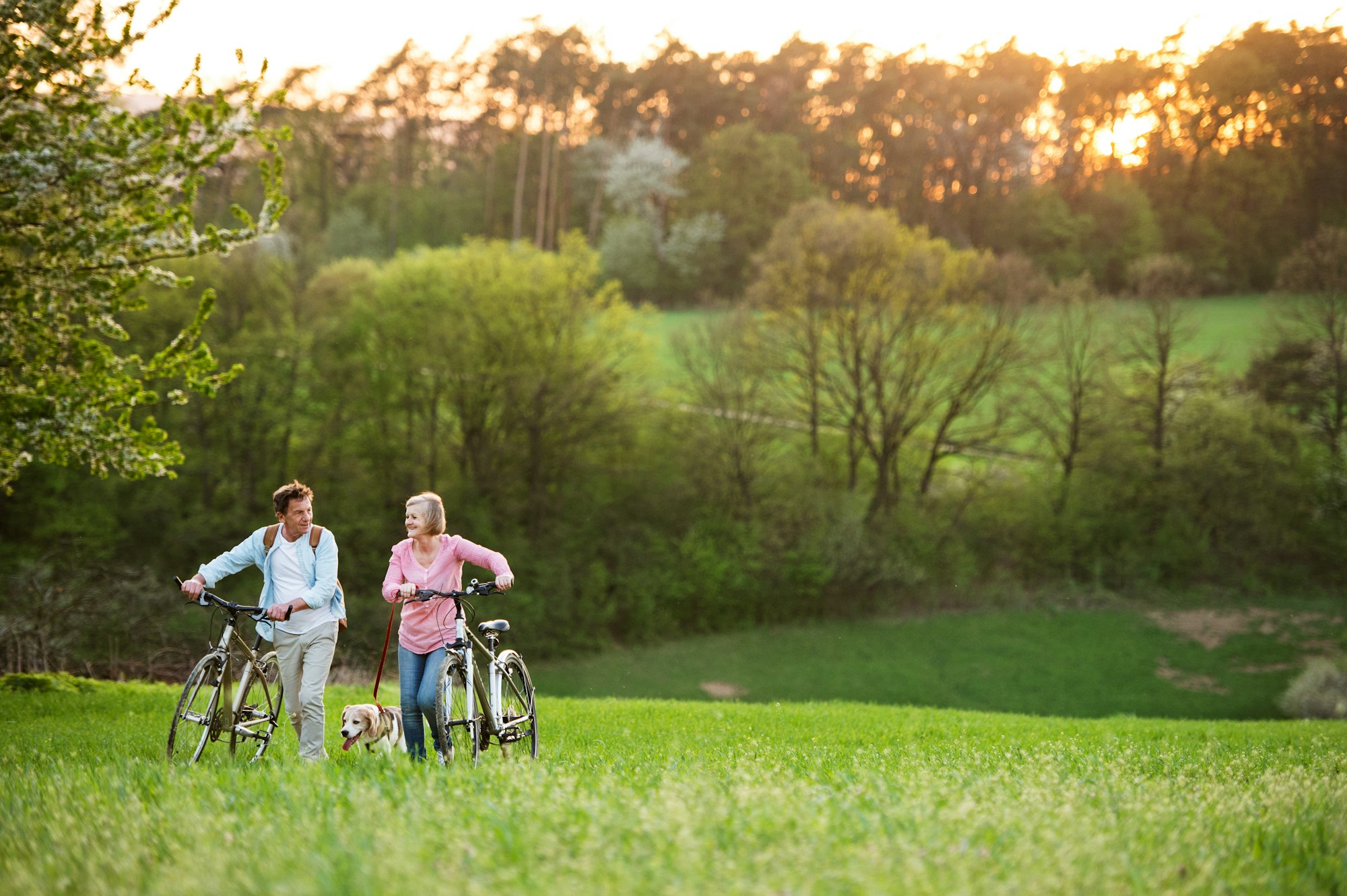 Beautiful senior couple with bicycles and dog outside in spring nature.