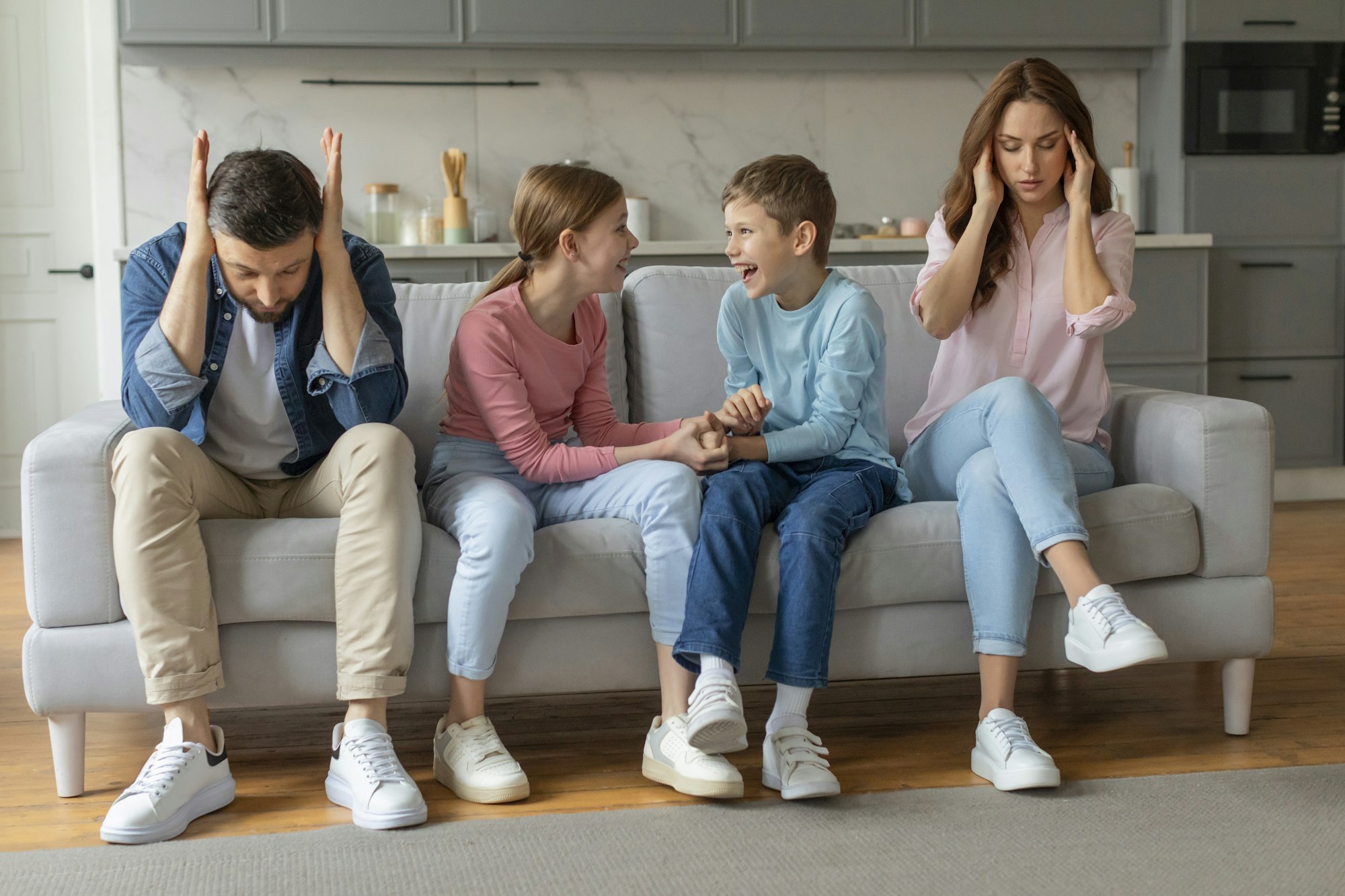 Family dispute and sibling rivalry concept, home interior